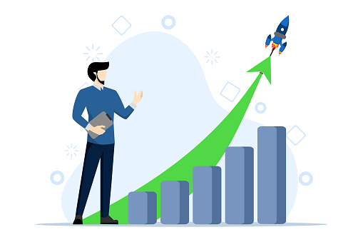 Exponential growth concept. Business sale, investment, wealth or income increase profit increase concept graph, financial report chart with exponential arrow flying rocket.