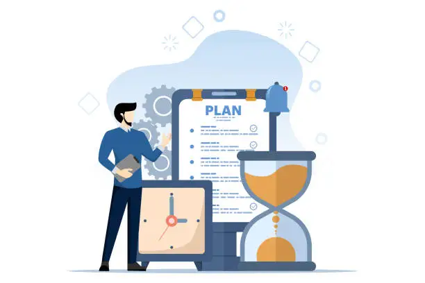 Vector illustration of Business time management, deadline concept, planner, startup, calendar, business strategy planning, project management. Task planning. Data analysis and analytics start up vector illustration banner.