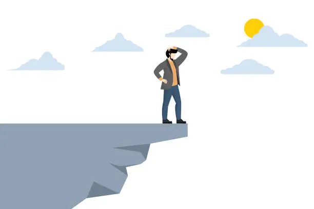 Vector illustration of Investment risk or financial fallout due to economic recession, fear of losing money or paying back debt, businessman standing on the edge of a cliff in the sky looking down because of fear of heights.