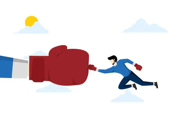 Vector illustration of concept of overcoming problems with men, male power or male virility, career competition or power concept, strong executive businessman wearing boxing gloves fighting with big fists.