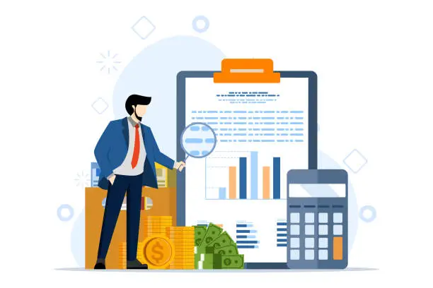 Vector illustration of Concept of business analysis, research for market growth, financial report, smart businessman analyst holding magnifying glass chart and analysis chart. investment data or sales information.