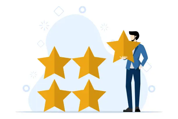 Vector illustration of User experience concept, customer feedback star rating or business and investment rating concept, businessman holding golden yellow star to add 5 stars rating. flat vector illustration on background.