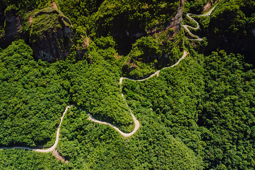Serpentine road in scenic canyons. Santa Catarina, Brazil. Aerial view
