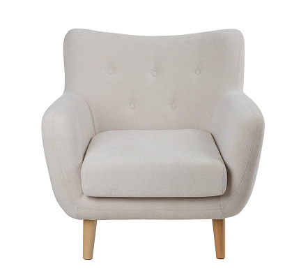 wide upholstered armchair with fabric upholstery on wooden legs in retro style, isolated on a white background