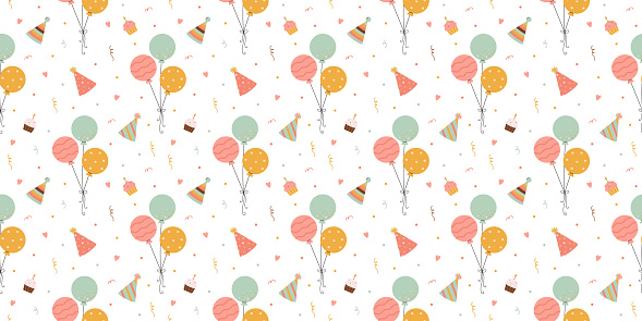 Fun party seamless pattern with cakes, hats, balloons and confetti. Great for birthday parties, textiles, banners, wallpapers, wrapping - vector background design