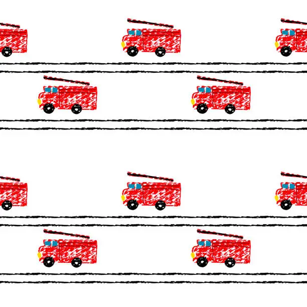 Vector illustration of Primitive fire cars in kids style.  Fire truck seamless pattern. Simple kids illustration hand drawn by crayola or pencils