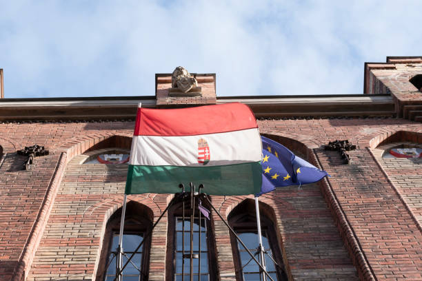 hungarian and european union flags of the parliament building, Budapest, Hungary