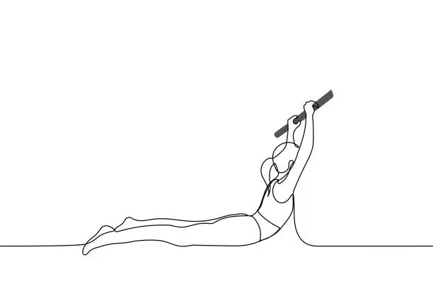 Vector illustration of young woman doing stretching on the simulator - one line drawing vector. concept of slender woman is training lying on the floor with her stomach down, her hands raise her torso