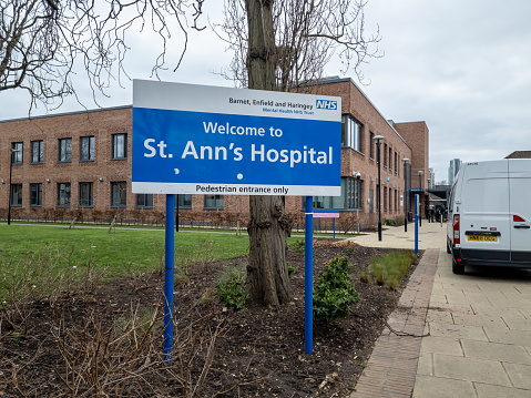 London. UK- 01.31.2024. The St. Ann's Hospital name sign by the pedestrian entrance to this NHS hospital trust.