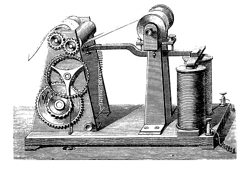 Vintage engraving middle '800: Morse's telegraph receiving station