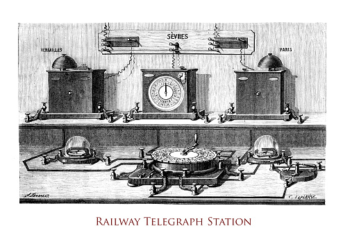 Vintage engraving middle '800: Morse railway telegraph station with dial transmitter and receiver