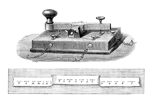 Vintage engraving middle '800: Morse's telegraph transmitting device