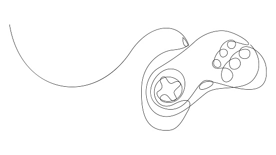 Single continuous line drawing of retro game controller. Gamepad one line art vector illustration
