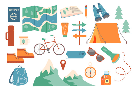set for eco Traveling . hiking equipment, Ecotourism. vector illustration