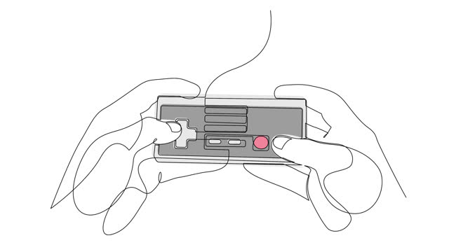 Self drawing animation of continuous line human hands holding vintage game console remote control.