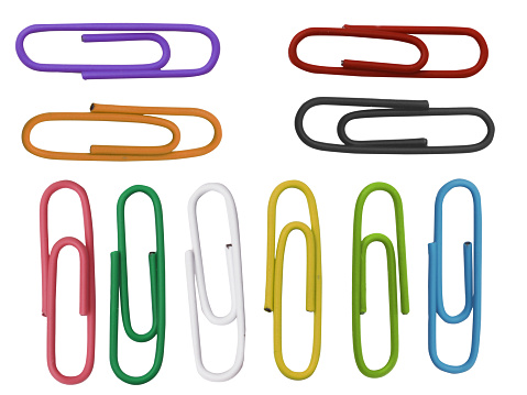 Colorful paper clip office business supplies, cut out isolated on white background