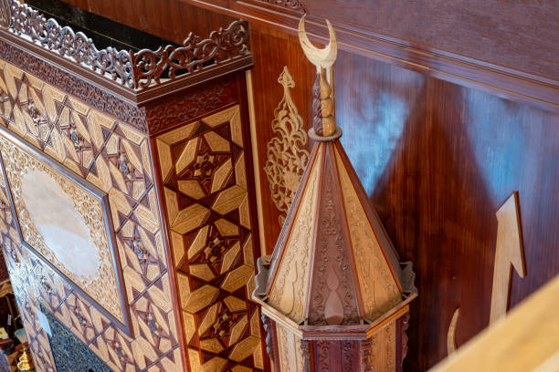 masjid interior design made of wood with blue carpet