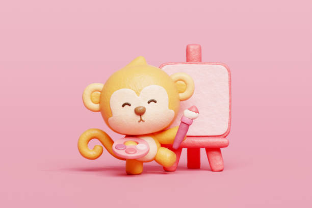 3D cute monkey painting on canvas, Cartoon animal character, 3D rendering.