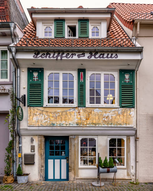 Bremen, Germany – February 06, 2022: A charming urban alley with various architectural structures in Bremen, Germany.