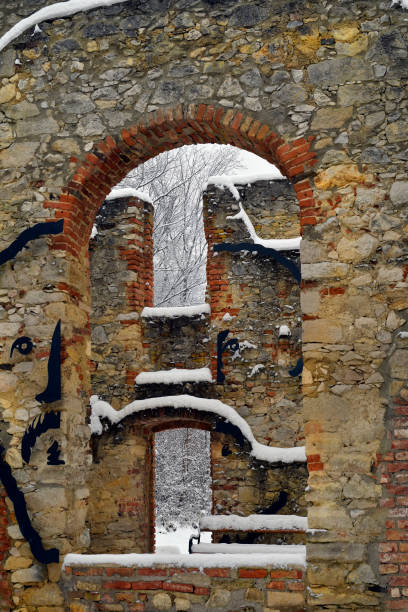 Mannersdorf, Austria - December 06, 2023: Ruin of the Leopold Chapel in the Mannersdorf Wueste nature reserve with art and graphic references to history