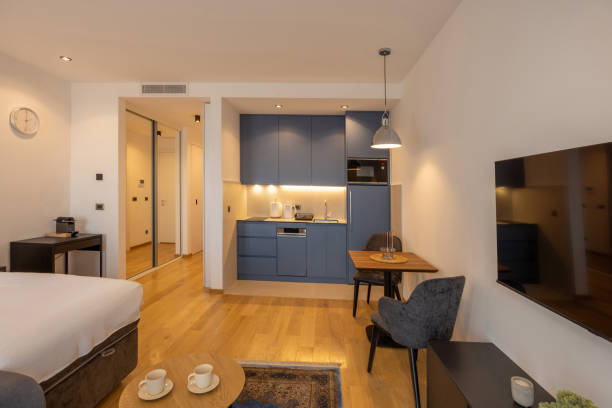 Open space apartment interior with furniture