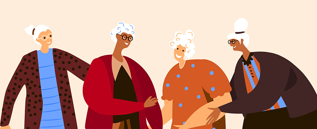 Elderly Attractive Women Together.Old Retired Lady,Happy Granny,Beautiful Grandmother.International Woman Day.Feminism concept.Eight of March.Free Confident Women,Empowerment.Flat Vector illustration