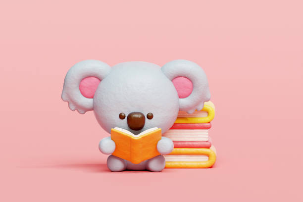 3D cute koala reading a book, Cartoon animal character, 3D rendering.
