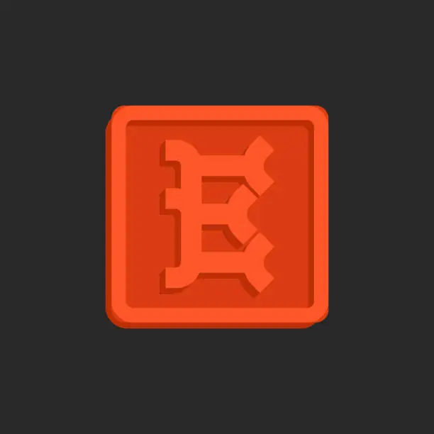 Vector illustration of Letter E monogram 3D logo resembling an isometric square-shaped orange wax seal. Features a creative design with an old-style font and curled serif.