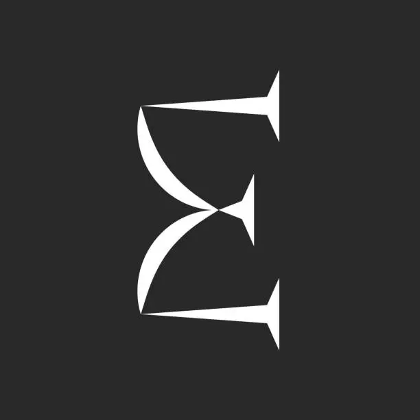 Vector illustration of Monogram letter E logo classic design, white letter with sharp serif on black background.