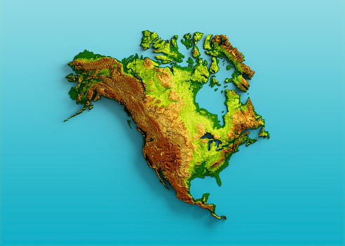 North America Map Shaded Relief Color Height Map On Sea Blue Background 3d Illustration
Source Map Data: tangrams.github.io/heightmapper/,
Software Cinema 4d
