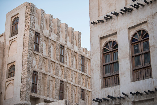 Doha, Qatar- March 04,2023 : Views of the traditional Arabic architecture of market Souk Waqif.