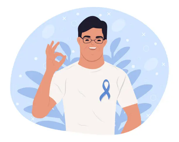 Vector illustration of World down syndrome day banner with man with down syndrome. Happy person with down syndrome shows a gesture. Down syndrome awareness month. Vector design.