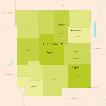 IN Hendricks County Vector Map Green. All source data is in the public domain. U.S. Census Bureau Census Tiger. Used Layers: areawater, linearwater, cousub, pointlm.