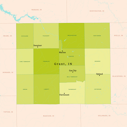 IN Grant County Vector Map Green. All source data is in the public domain. U.S. Census Bureau Census Tiger. Used Layers: areawater, linearwater, cousub, pointlm.