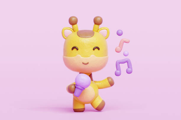 3D cute giraffe dancing and singing with microphone, Cartoon animal character, 3D rendering.