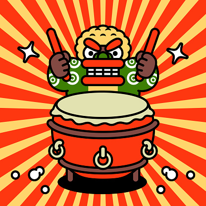 Cartoon Animal Characters Design Vector Art Illustration. 
New Year Lion is playing the traditional Chinese drum or Chinese bass drum.