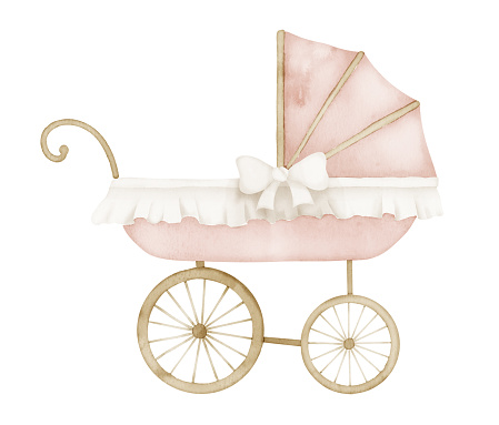 Watercolor Baby Pram in vintage style. Retro kid Stroller in cute pastel pink and beige colors. Carriage for children on isolated background. Hand drawn illustration of perambulator for newborn party.