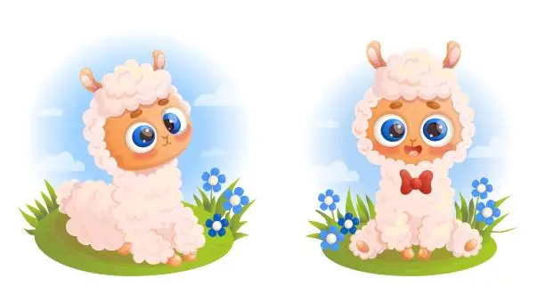 Vector illustration of Cute little Llama alpaca. Happy cartoon animals with bleu flowers ang sky. Isolated Vector illustrations.