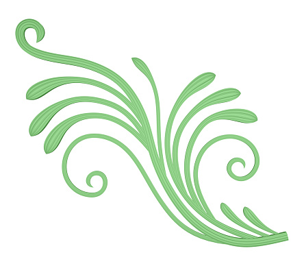 3D illustration rendering of a bending branch with leaves of different sizes on a white background