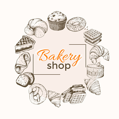 Vintage bakery frame with hand drawn bread, pastry, sweet, pie, cake. set vector illustration for menu, shop, window design. Engraved food image