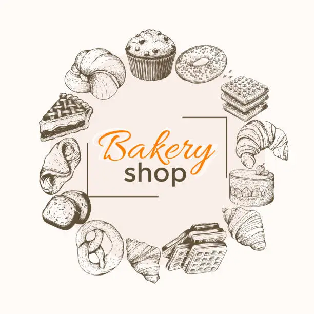 Vector illustration of Vintage bakery frame with hand drawn bread, pastry, sweet, pie, cake. set vector illustration for menu, shop, window design. Engraved food image