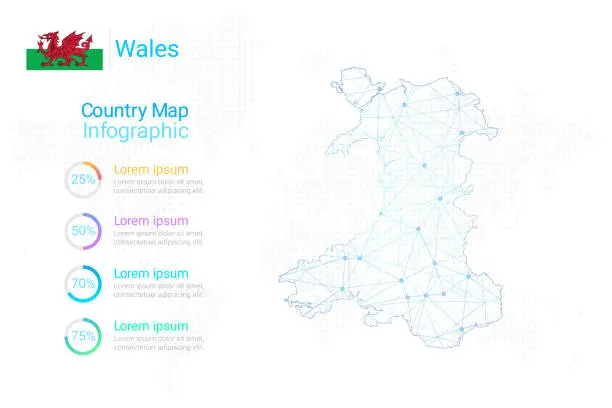 Vector illustration of Wales map vector template with polygon mesh line blue color on white background for education, website, banner, infographic