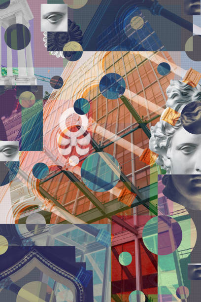 istock Surreal art collage with elements of classic architectural details, antique statues, new building facades, construction sites. Mixed industrial background of modern and historical architecture. 1992502991