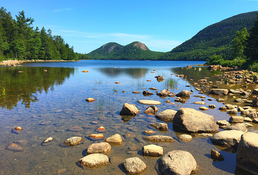 A beautiful view of Jordan Pond in Acadia National Park in Maine, United States.