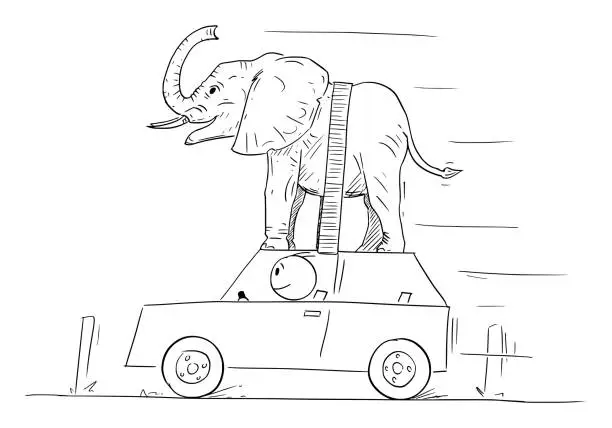 Vector illustration of Carrying Heavy Elephant on Car, Vector Cartoon Stick Figure Illustration