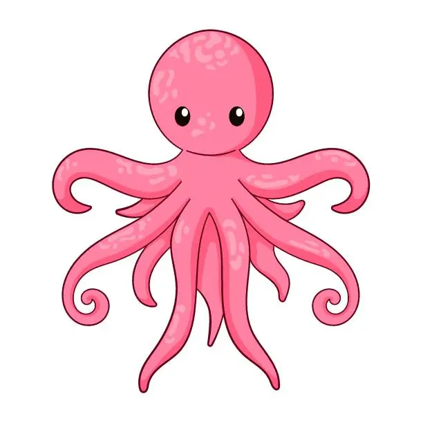 Vector illustration of Pink octopus cartoon character in flat, line art style. Aquatic undersea animal. Underwater animal design for zoo, children book. Vector illustration isolated on a white background.