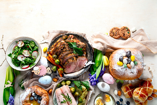 Easter dinner. Traditional food. Family spring event. Top view, copy space