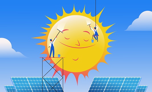 Two workers cleaning smiling sun. Solar energy, sustainability, green economy concept. Vector illustration.