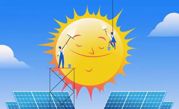 Vector illustration of Two workers cleaning smiling sun illustration
