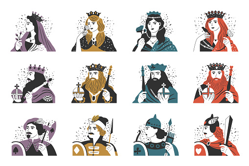 Vector collection of playing cards. King, queen, jack of different suits. Illustration of casino game card, collection gambling design